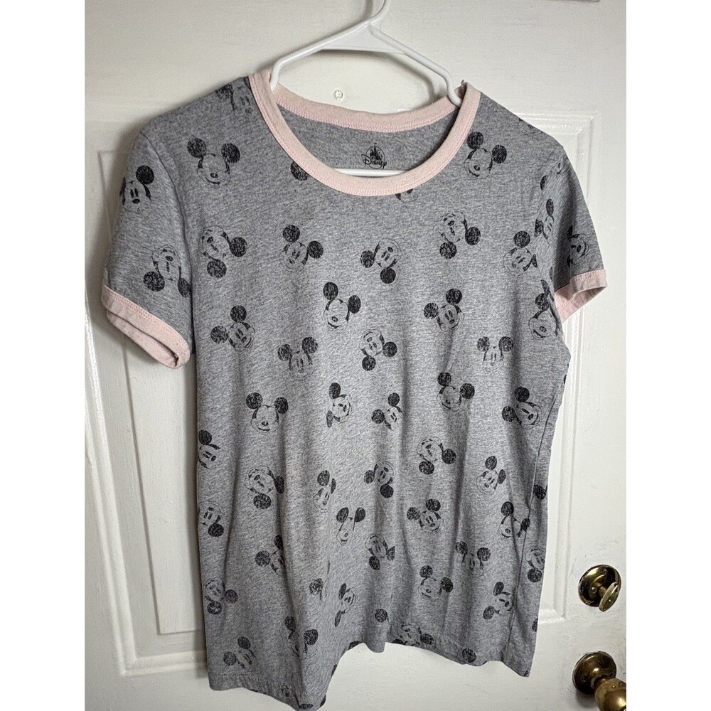 Disney Mickey Mouse All Over Print Ringer T-Shirt Gray Pink Women’s Medium